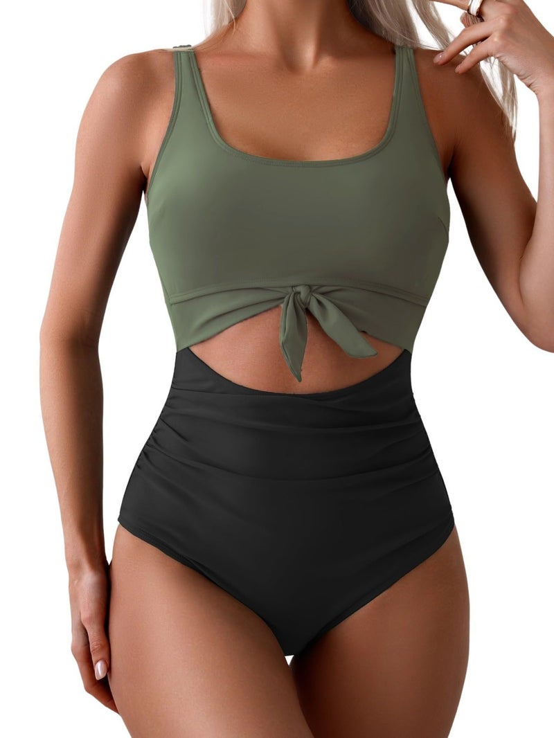 Swimsuit Solid Color Hollow Backless High Waist Conservative Tankini Swimsuit - Image 2